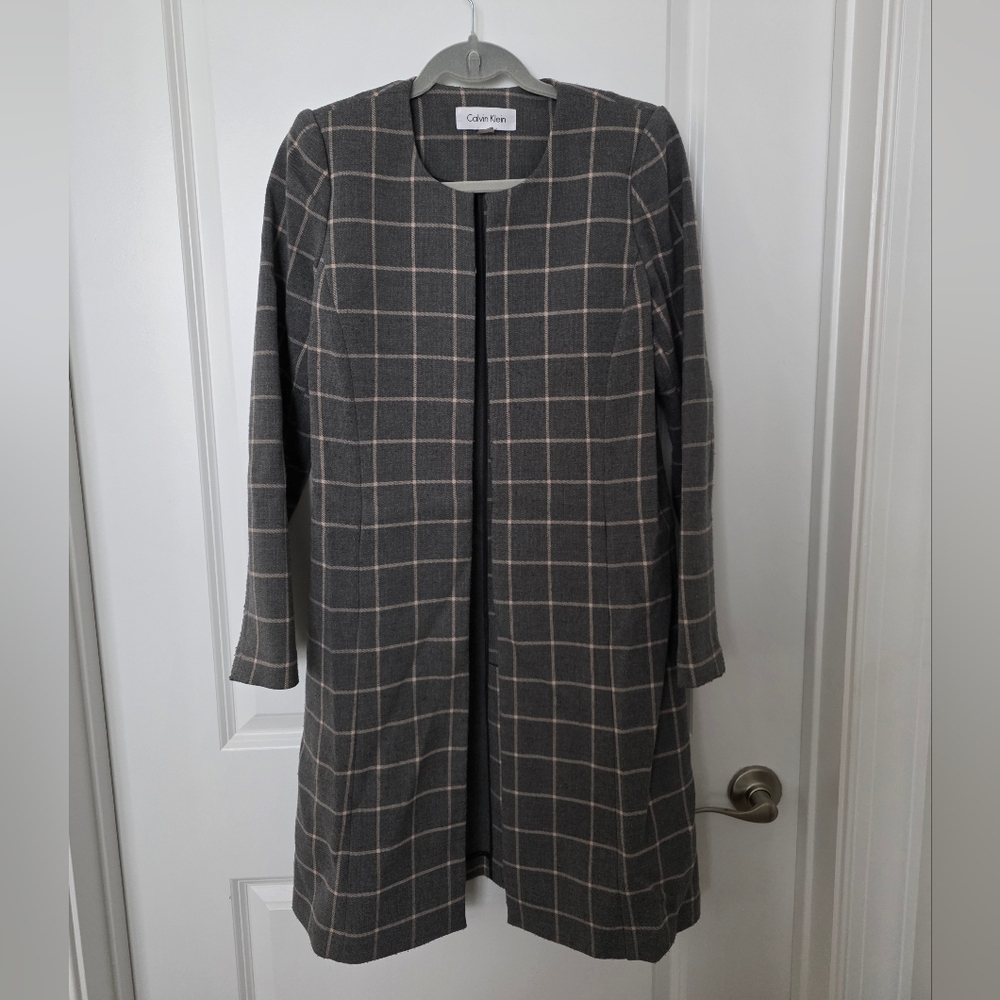 Calvin Klein Gray Plaid Collarless Blazer Jacket